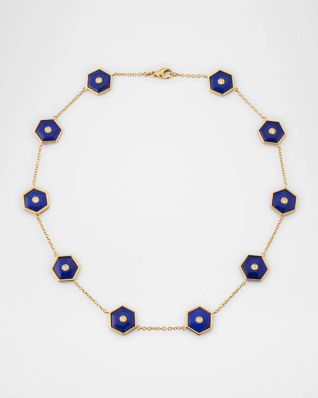 Baia Sommersa Short Necklace in 18K Yellow Gold with White Diamonds and Lapis, 16"L